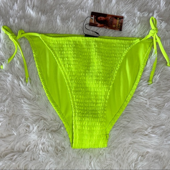 NEW Sommer Ray Smocked Side Tie Bikini Bottom Neon Yellow Size L or XL - Picture 2 of 6